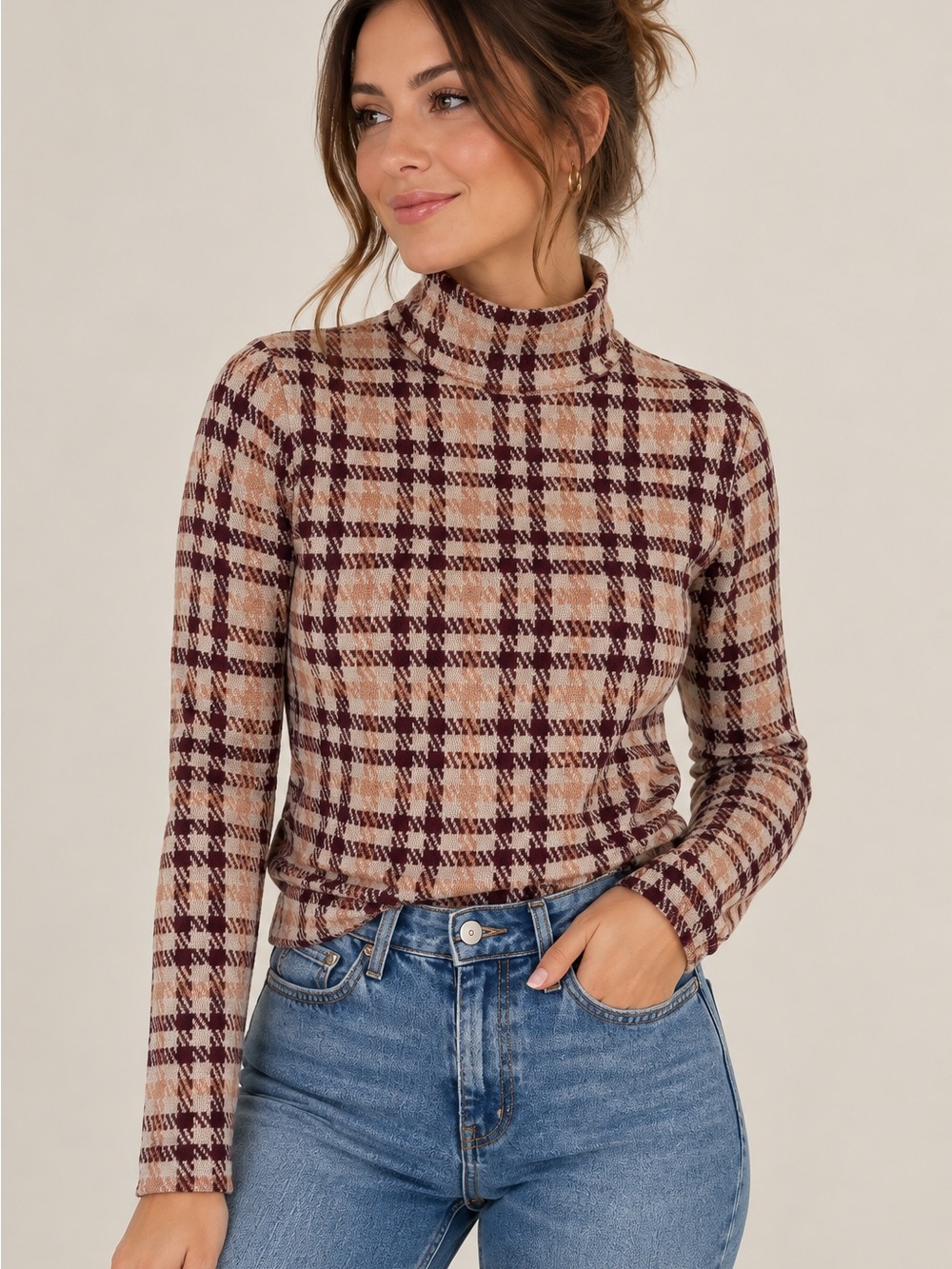 Ann Taylor Factory Petite Plaid Turtleneck Sweater XXSP Purple Tan 100 %Cotton